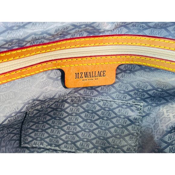 MZ Wallace Jane Glazed Linen Beige Satchel Leather Handles Pockets Large Capac - Picture 8 of 11